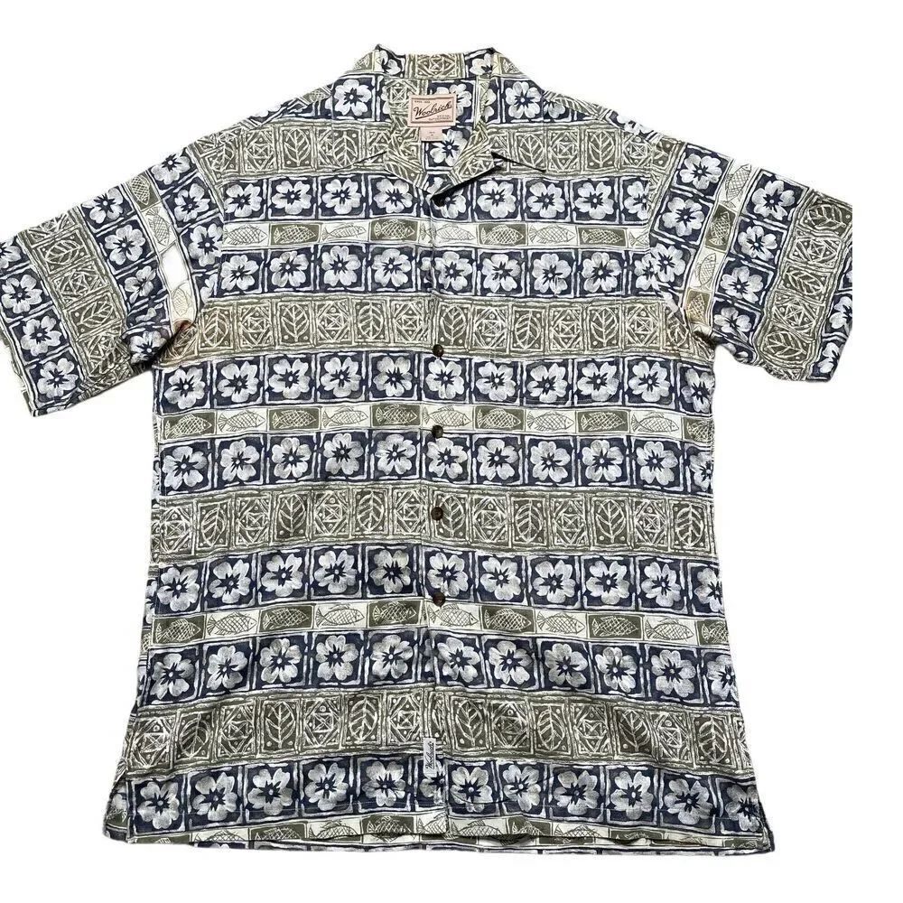 Woolrich Shirt Adult Extra Medium Green Blue Floral Hawaiian Short Sleeve Mens